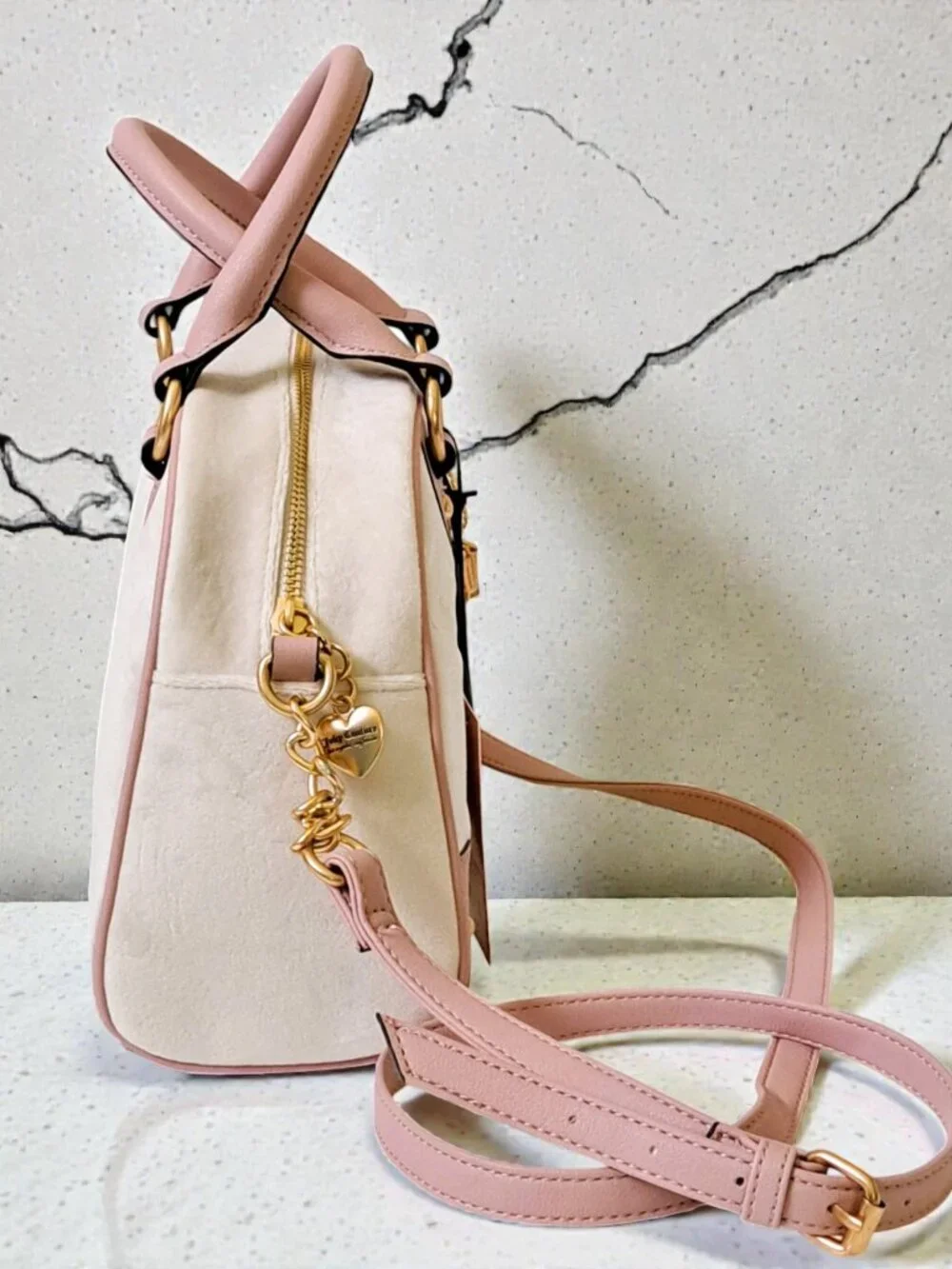 Juicy Couture Retro Vibe Bowler Satchel Pink & Cream Velour Y2K NWT